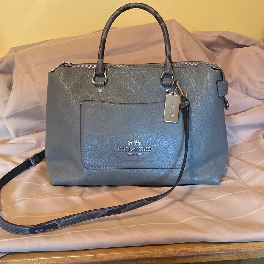 Coach Gray Leather Satchel with Snake-Print Strap